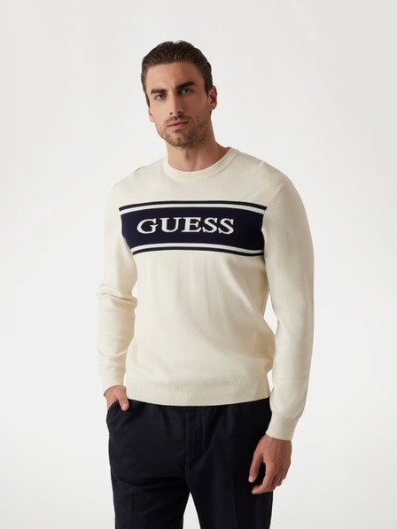 Guess Jeans Мъжки бял пуловер с ивица Guess jeans