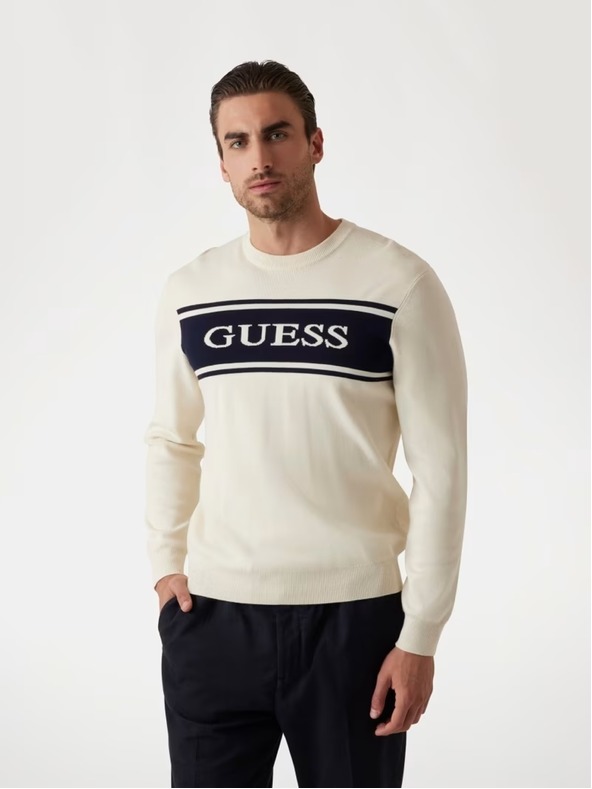 Guess Jeans Мъжки бял пуловер с ивица Guess jeans