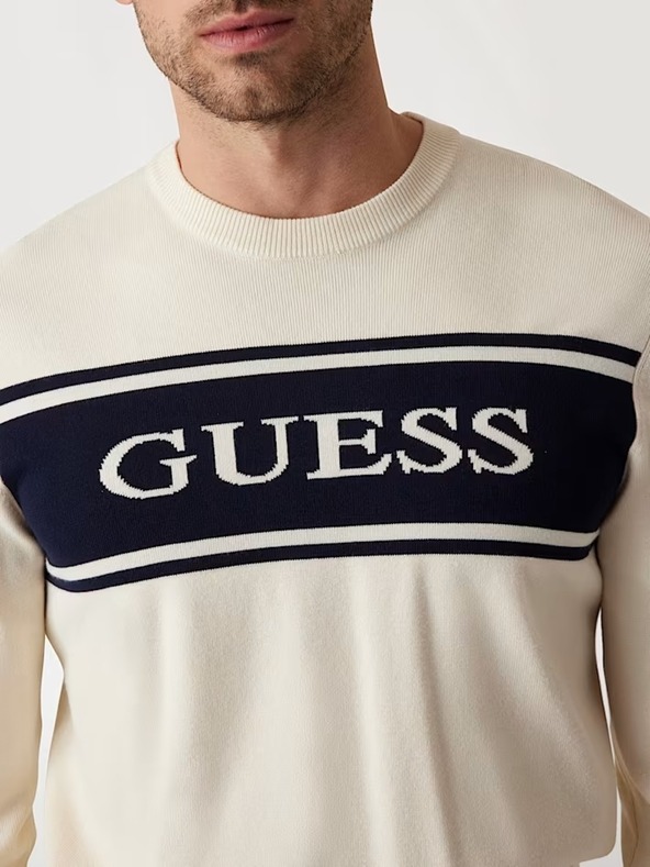 Guess Jeans Мъжки бял пуловер с ивица Guess jeans