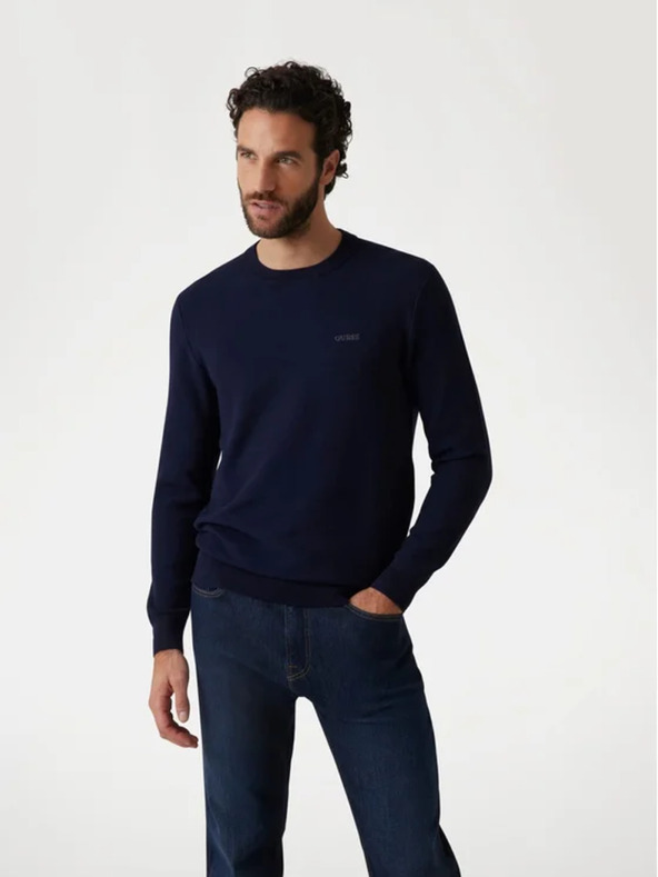 Guess Jeans Мъжки тъмносин пуловер с бродирано лого Guess jeans