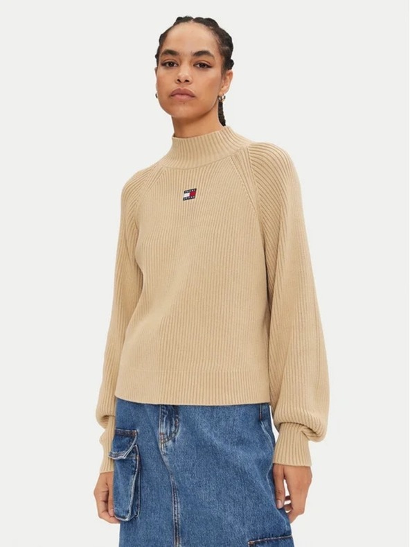 Tommy Jeans Дамски бежов суитшърт Tommy Jeans Badge Rib-Knit Gentle Gold