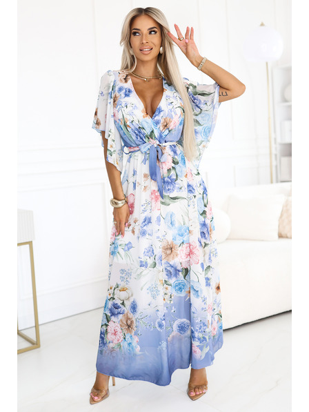 numoco Въздушни заламиращи макси рокли с цветен десен сини рози