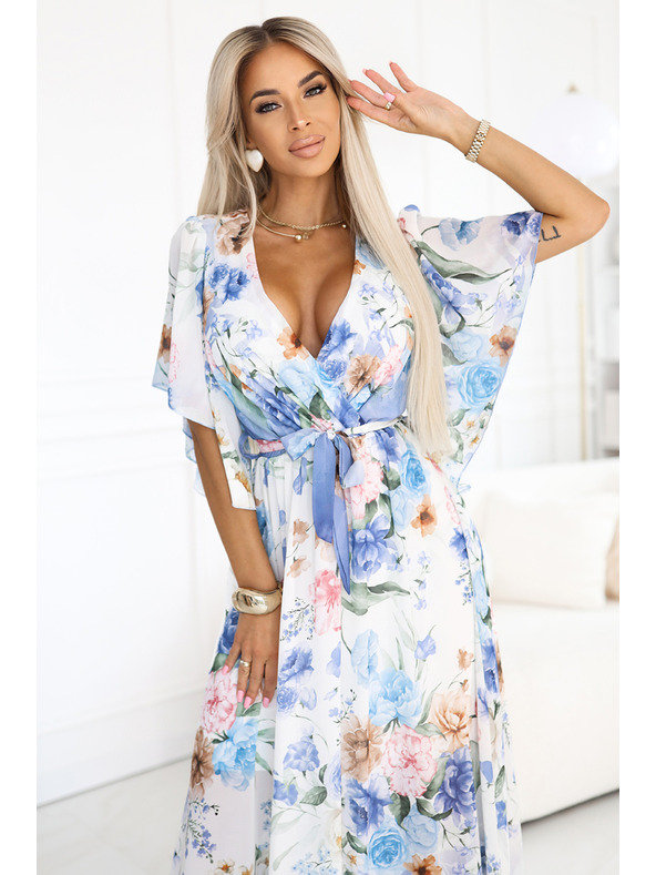 numoco Въздушни заламиращи макси рокли с цветен десен сини рози