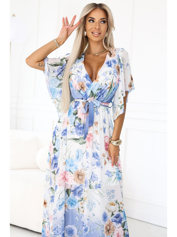 numoco Въздушни заламиращи макси рокли с цветен десен сини рози