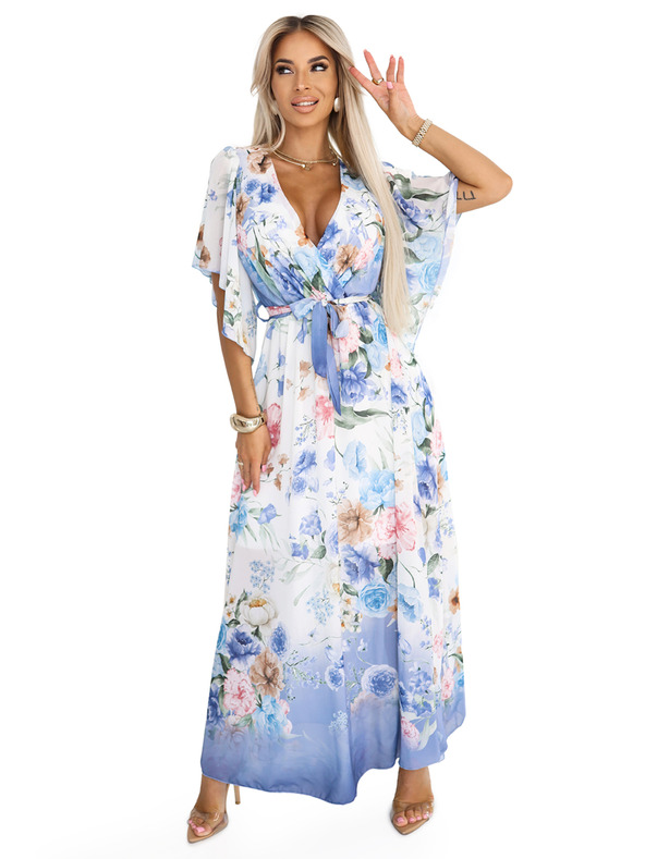 numoco Въздушни заламиращи макси рокли с цветен десен сини рози