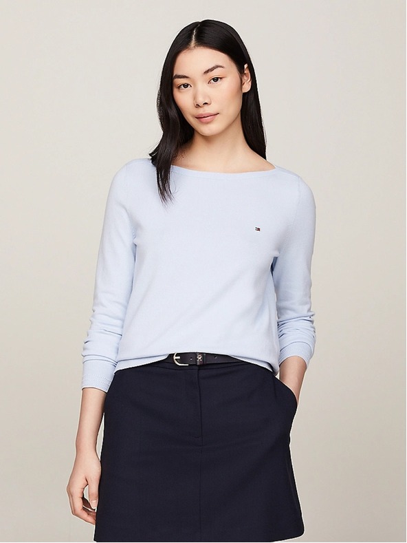 Tommy Hilfiger Дамски светло син фино плетен пуловер с деколте лодка Tommy Hilfiger