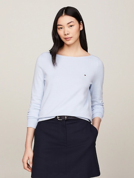 Tommy Hilfiger Дамски светло син фино плетен пуловер с деколте лодка Tommy Hilfiger