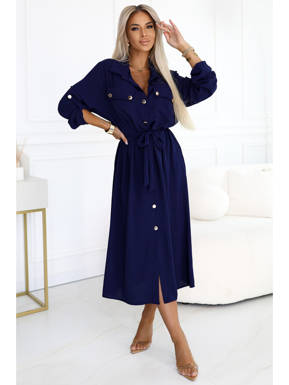 numoco Миди риза-рокля със златни копчета и вратовръзка