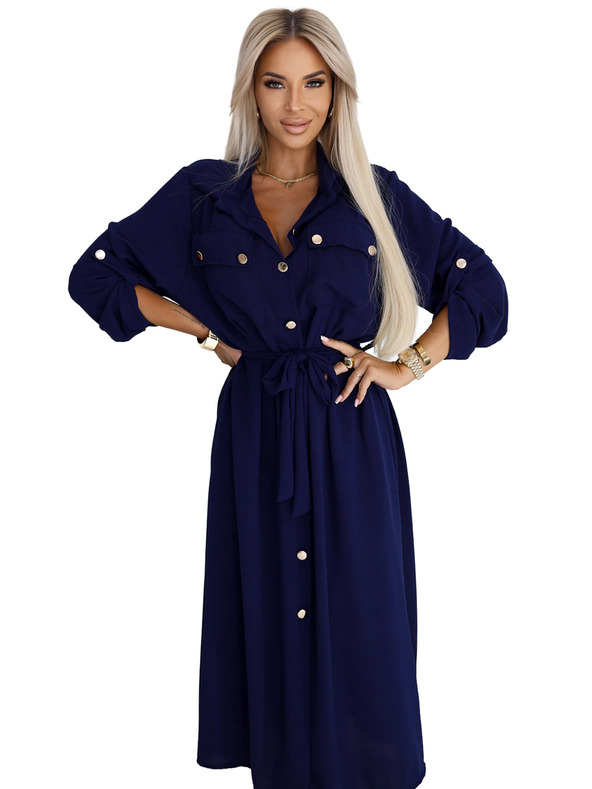 numoco Миди риза-рокля със златни копчета и вратовръзка