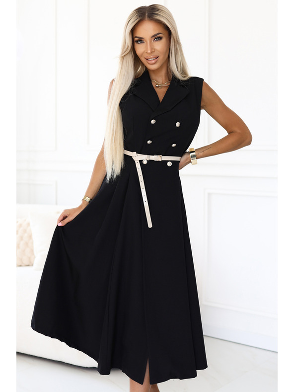 numoco Елегантна миди риза-рокля със златни копчета и колан