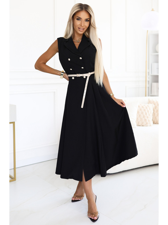 numoco Елегантна миди риза-рокля със златни копчета и колан