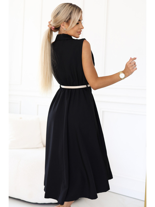 numoco Елегантна миди риза-рокля със златни копчета и колан