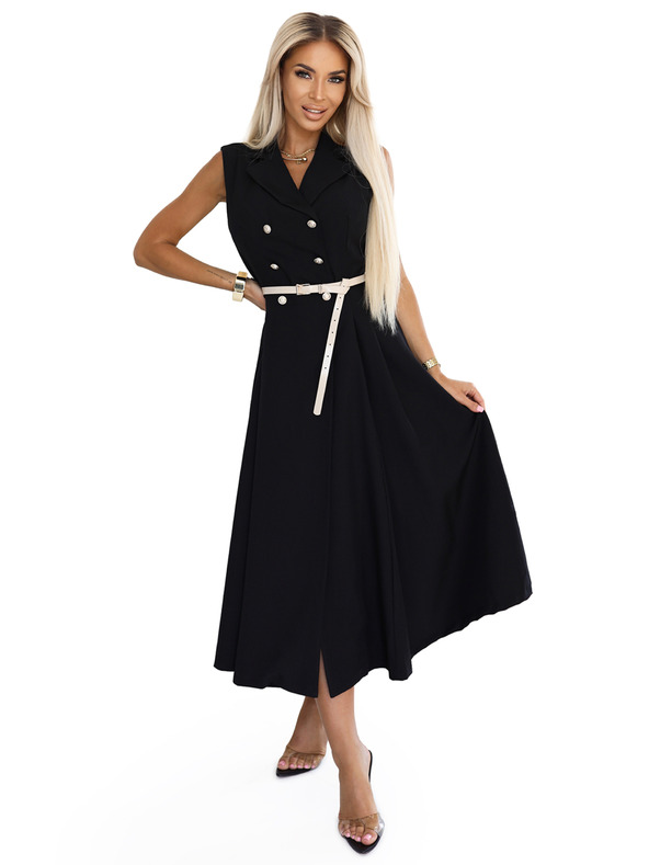 numoco Елегантна миди риза-рокля със златни копчета и колан