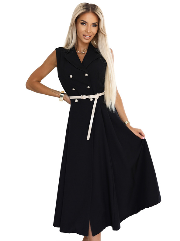 numoco Елегантна миди риза-рокля със златни копчета и колан