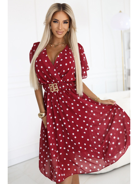 numoco Съблазнителни бордо рокля с бели точки и декоративен колан