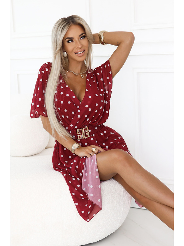numoco Съблазнителни бордо рокля с бели точки и декоративен колан