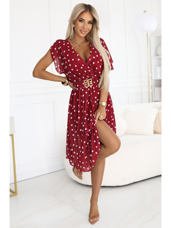 numoco Съблазнителни бордо рокля с бели точки и декоративен колан