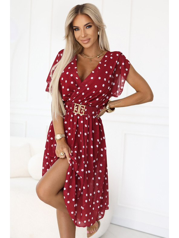 numoco Съблазнителни бордо рокля с бели точки и декоративен колан