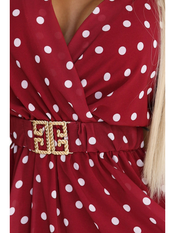 numoco Съблазнителни бордо рокля с бели точки и декоративен колан
