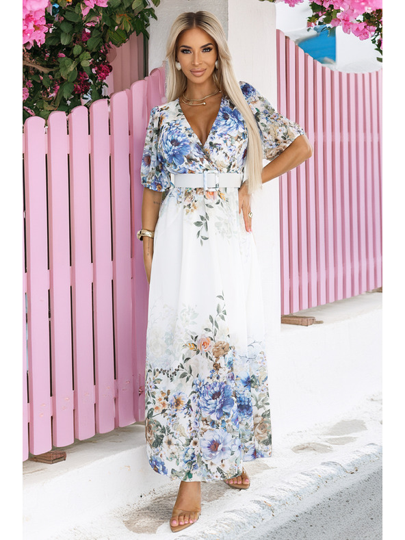 numoco Леки макси рокля CELINA с V-образно деколте, колан и цветен омбре десен