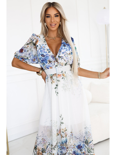 numoco Леки макси рокля CELINA с V-образно деколте, колан и цветен омбре десен