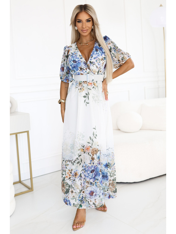 numoco Леки макси рокля CELINA с V-образно деколте, колан и цветен омбре десен