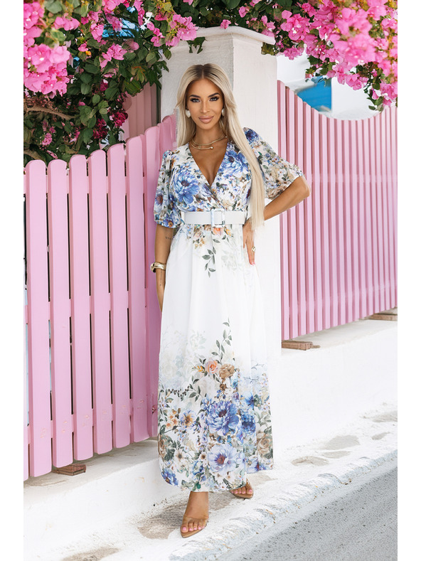 numoco Леки макси рокля CELINA с V-образно деколте, колан и цветен омбре десен