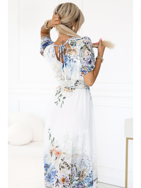 numoco Леки макси рокля CELINA с V-образно деколте, колан и цветен омбре десен