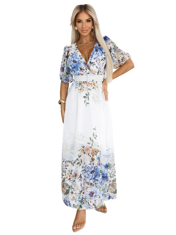 numoco Леки макси рокля CELINA с V-образно деколте, колан и цветен омбре десен