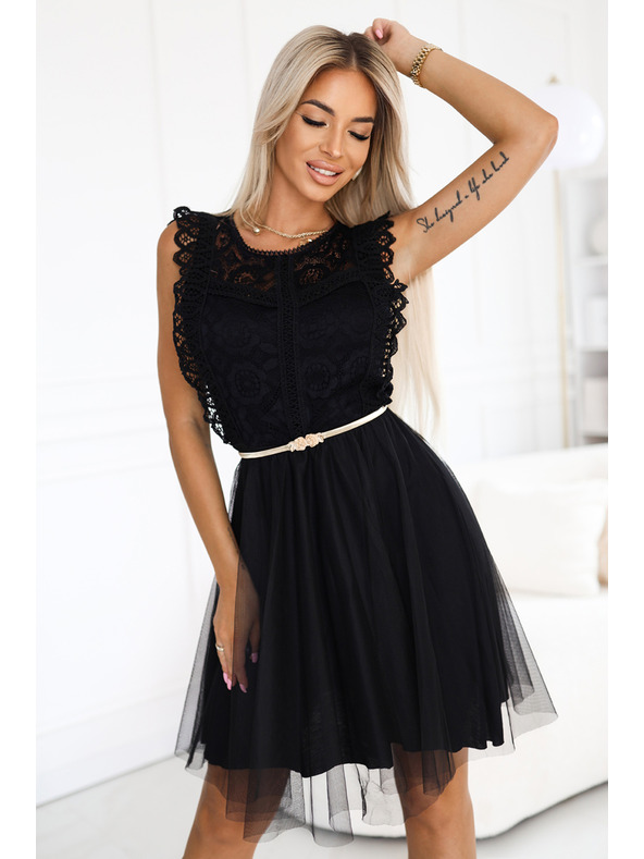 numoco Дантелена рокля GRETA с тюлена пола и златен колан