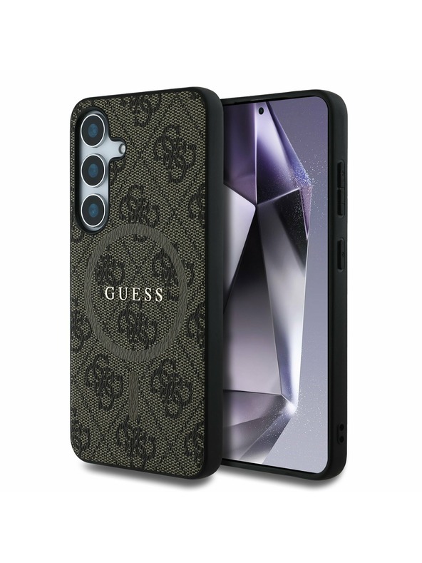 Guess Guess PU кожен 4G цветен пръстен MagSafe заден калъф за Samsung Galaxy S25 Brown