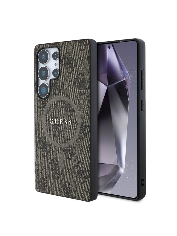 Guess Guess PU кожен 4G цветен пръстен MagSafe заден калъф за Samsung Galaxy S25 Ultra Brown