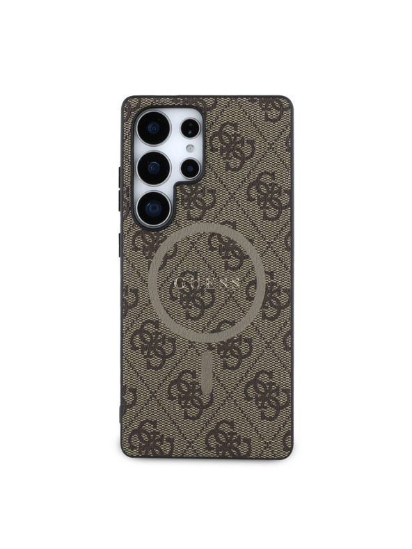 Guess Guess PU кожен 4G цветен пръстен MagSafe заден калъф за Samsung Galaxy S25 Ultra Brown