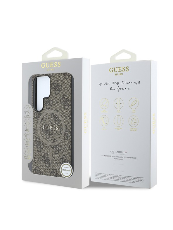 Guess Guess PU кожен 4G цветен пръстен MagSafe заден калъф за Samsung Galaxy S25 Ultra Brown