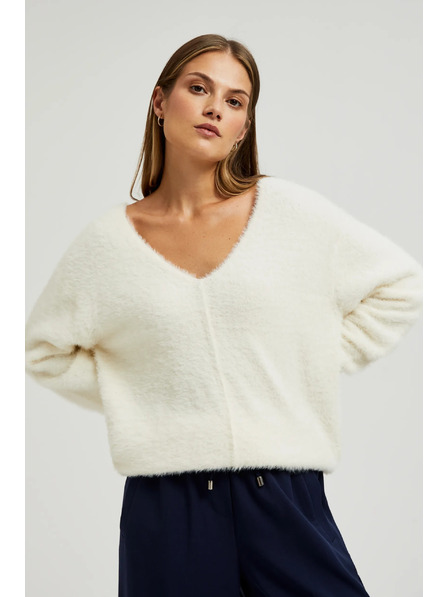 Moodo Бял пуловер с V-образно деколте