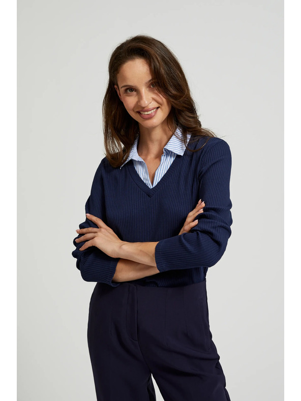 Moodo Тъмносин пуловер с яка като на риза