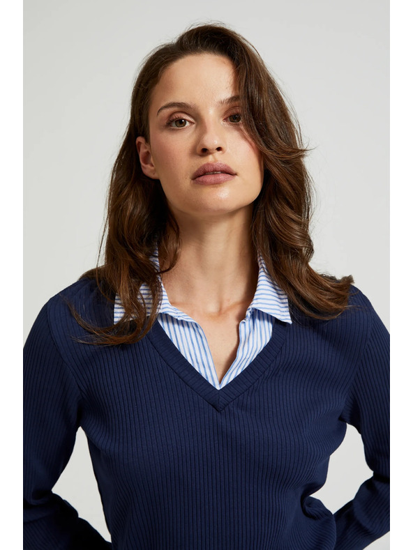 Moodo Тъмносин пуловер с яка като на риза