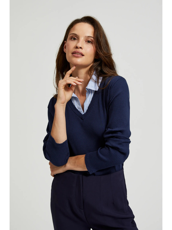 Moodo Тъмносин пуловер с яка като на риза