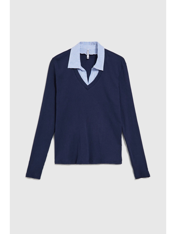 Moodo Тъмносин пуловер с яка като на риза