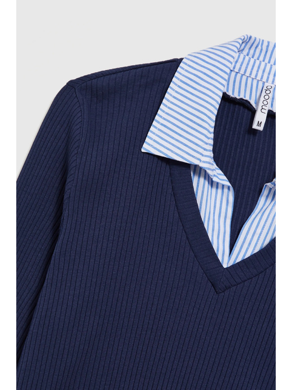 Moodo Тъмносин пуловер с яка като на риза