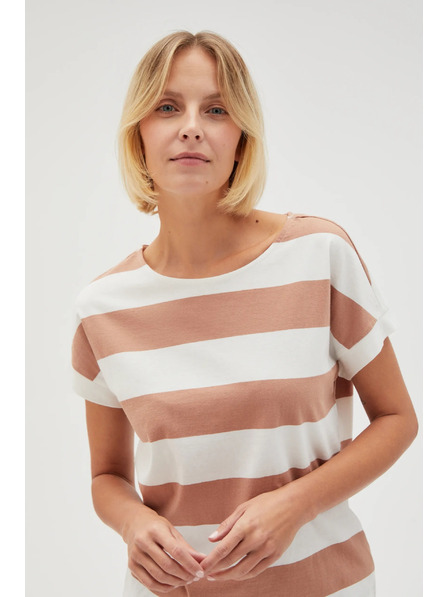 Moodo Бежово-бяла раирана дамска тениска Moodo