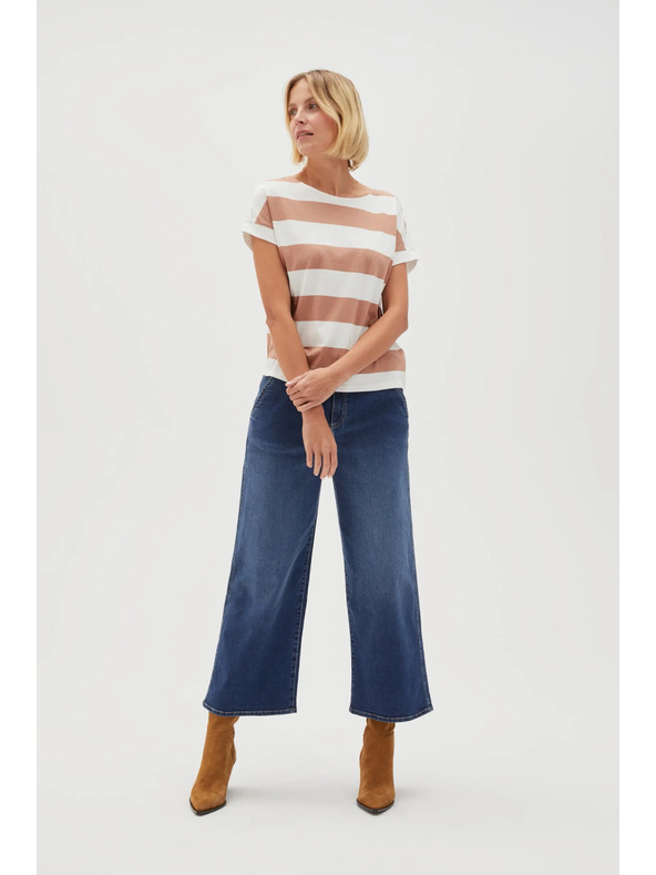 Moodo Бежово-бяла раирана дамска тениска Moodo