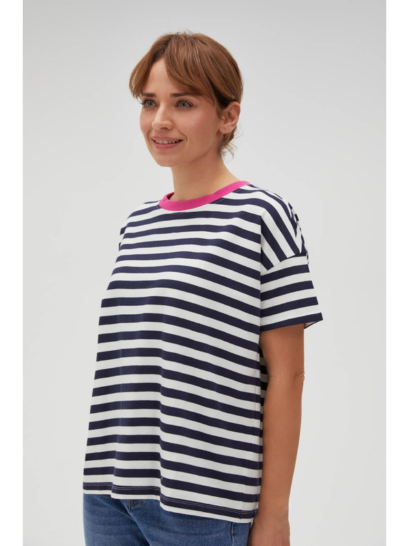Moodo Синьо-бяла раирана тениска с розов яка