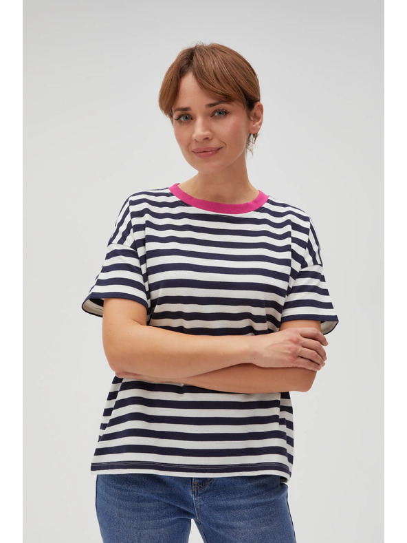 Moodo Синьо-бяла раирана тениска с розов яка