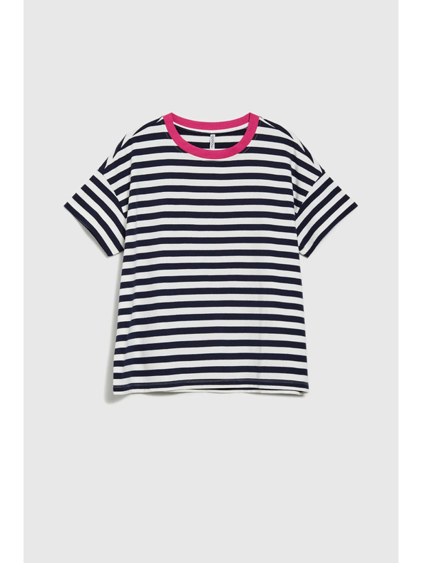 Moodo Синьо-бяла раирана тениска с розов яка