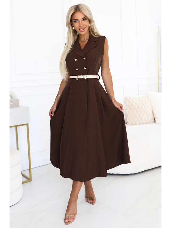 numoco Елегантна миди риза-рокля със златни копчета и колан - шоколадов цвят