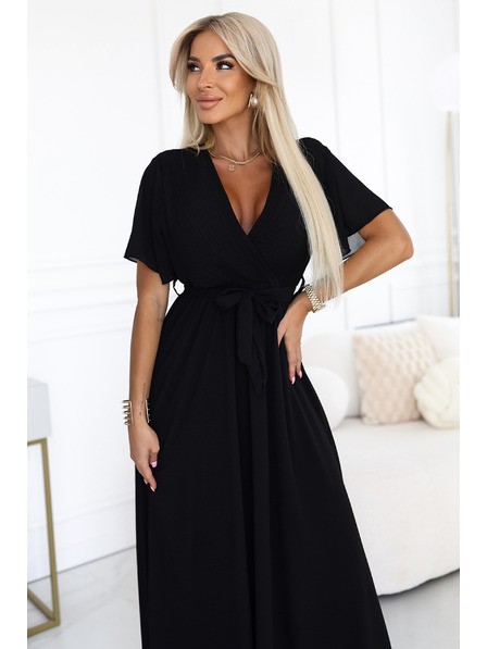 numoco Дълга рокля с плисирано деколте и връзване - черна