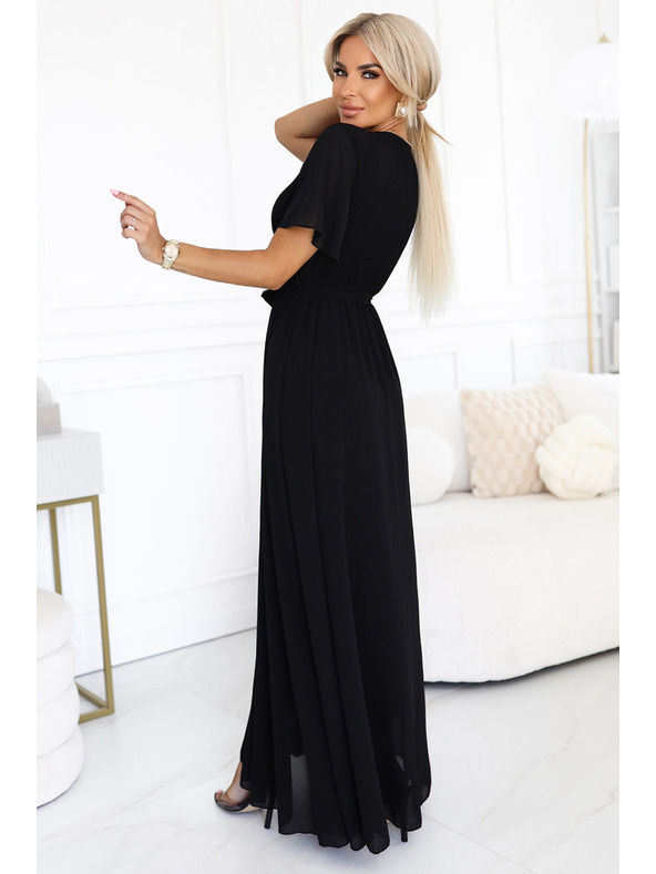 numoco Дълга рокля с плисирано деколте и връзване - черна