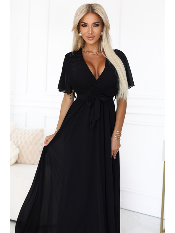 numoco Дълга рокля с плисирано деколте и връзване - черна