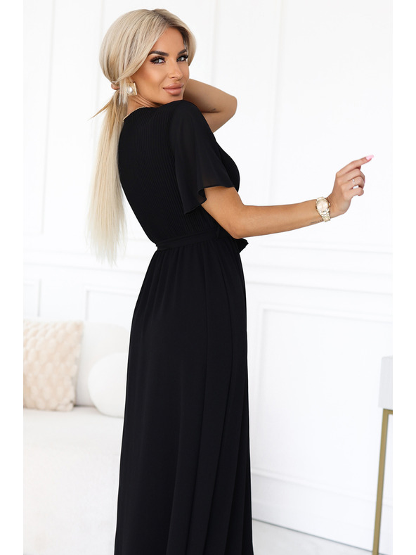 numoco Дълга рокля с плисирано деколте и връзване - черна